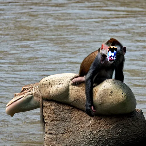 Image similar to monkey on top of a crocodile on a river