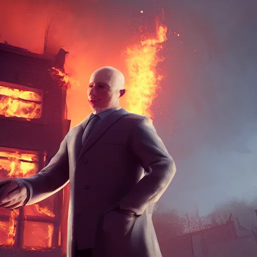 Prompt: an artstation trending portrait painting of a bald english man standing in front of a building on fire, octane render