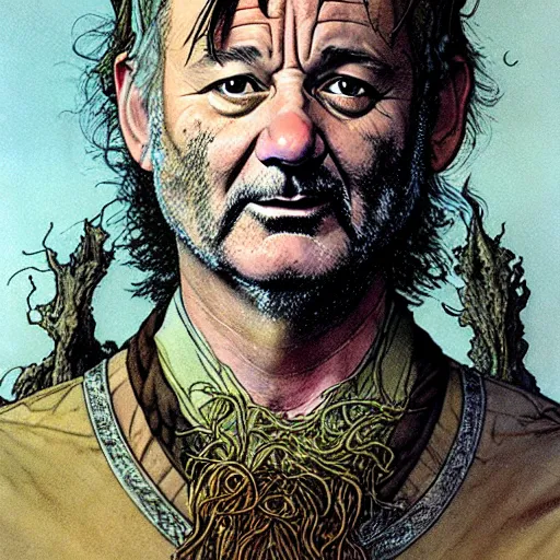 Prompt: a realistic and atmospheric portrait of bill murray as a druidic warrior wizard looking at the camera with an intelligent gaze by rebecca guay, michael kaluta, charles vess and jean moebius giraud