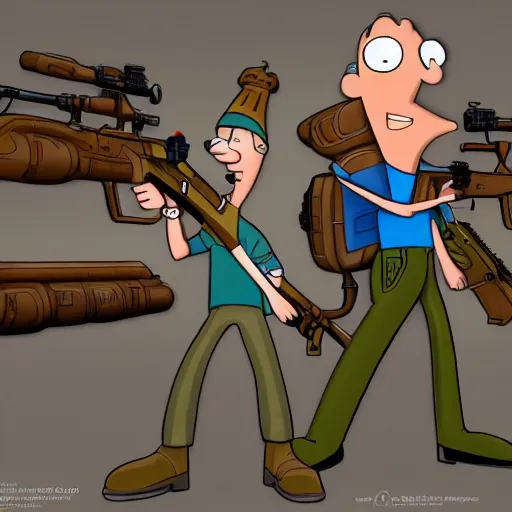 Image similar to phineas and ferb in a gun armory digital illustration render 4 k trending on artstation unreal engine
