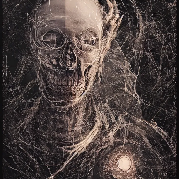 Image similar to portrait of skeleton, Buddhist Monk robe. intricate abstract. intricate artwork. by Tooth Wu, wlop, beeple, dan mumford. octane render, trending on artstation, greg rutkowski very coherent symmetrical artwork. cinematic, hyper realism, high detail, octane render, 8k, iridescent accents