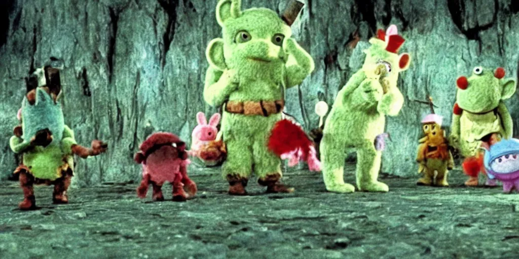 Image similar to a still from Princess Mononoke depicting the war between teletubbies and muppets