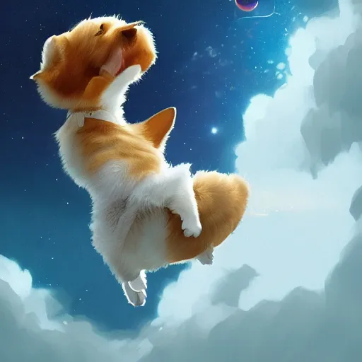 Prompt: exquisite digital illustration of a cute corgi puppy floating in outer space, hyperrealistic, extremely lifelike, greg rutkowski, artgerm, moebius, ruan jia, makoto shinkai, simon stalenhag, trending on artstation, cgsociety, octane, 8 k