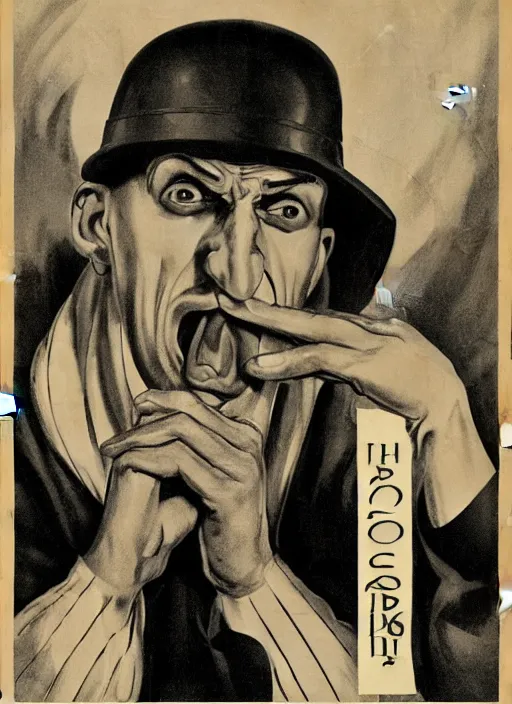 Image similar to portrait of glamorous bald medieval man with big nose and annoyed gesture,look of hate, threatening pose, 1940s propaganda poster, full hd,highly detailed