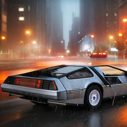 Image similar to hyperdetailed, photorealistic photograph of a dmc 1 2 delorean driving in the streets, rain, night, dense fog, hd, unreal engine 5