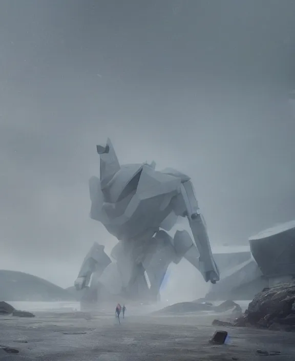 Image similar to surreal romantic covenant prometeus deformation, horizontal white mecha building architecture by ruan jia, futuristic berserk white architecture in the beach in iceland, foggy, highly detailed, digital painting, arstation, concept art, hyperealistic octane render, unreal engine