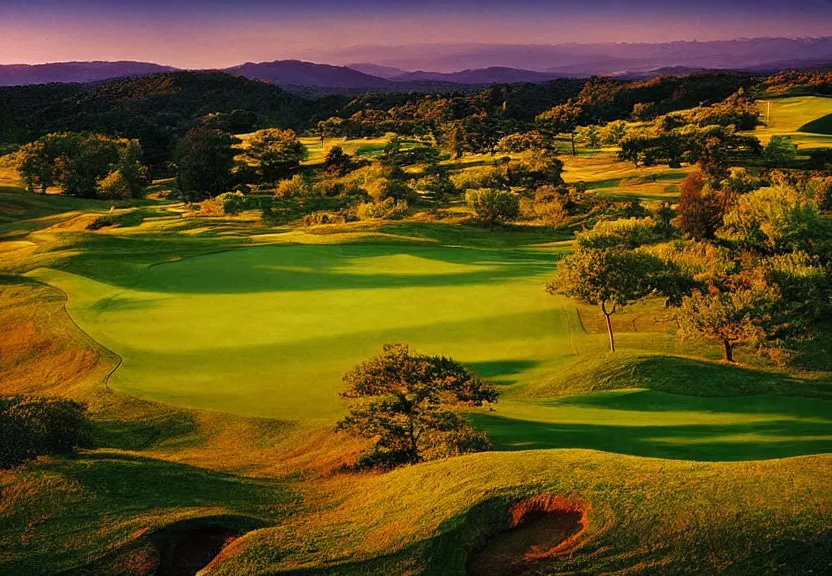 Image similar to birds eye view of a perfect elysian vivid green hilly pastoral psychedelic golf course landscape under stars consisting of memory trapped in eternal time, golden hour, dark sky, evening starlight, stone walls, kodachrome by Hiroshi Yoshida