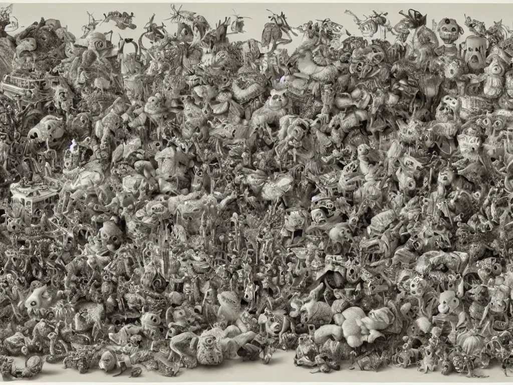 Image similar to by laurie lipton, a bunch of toys that are in the air, polycount, rococo, made of insects,