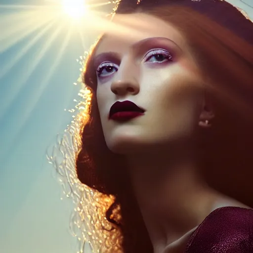 Image similar to photographic portrait of a stunningly beautiful renaissance female, dark lips and eye shadow, in soft dreamy light at sunset, god rays, contemporary fashion shoot, by edward robert hughes, annie leibovitz and steve mccurry, david lazar, jimmy nelsson, breathtaking, 8 k resolution, extremely detailed, establishing shot, artistic, hyperrealistic, perfect face, octane render