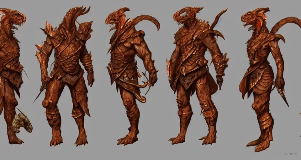 Image similar to concept art of a copper dragonborn barbarian with a lot of battlescars, character design, concept art, render, full-body turnaround, trending on artstation