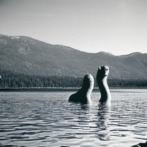 Prompt: nessie at lake tahoe, vintage film, 5 0 mm