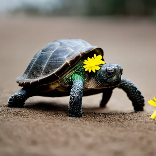 Image similar to a picture of a turtle in love with a flower, vivid colours, depth of field, 50mm