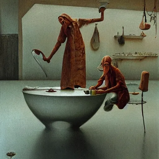 Image similar to Johny Depp washing dishes by Zdzislaw Beksinski