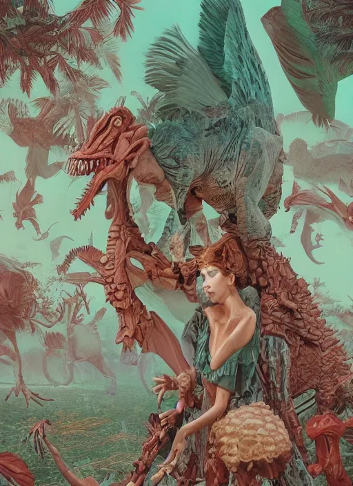 Prompt: pretty model with cute dinosaurs : : by martine johanna and simon stalenhag and chie yoshii and casey weldon and wlop : : ornate, dynamic, particulate, rich colors, intricate, elegant, highly detailed, vogue, harper's bazaar art, fashion magazine, detailed face, smooth, sharp focus, 8 k, octane render,