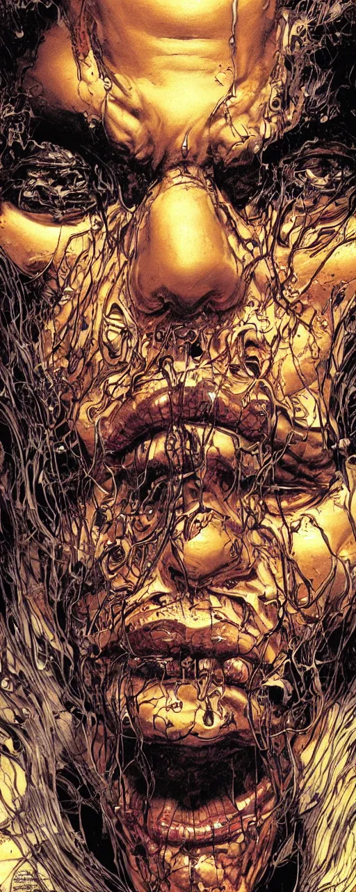 Image similar to closeup of face melting in agony, inside dark oil, frontal picture, by yoichi hatakenaka, masamune shirow, josan gonzales and dan mumford, ayami kojima