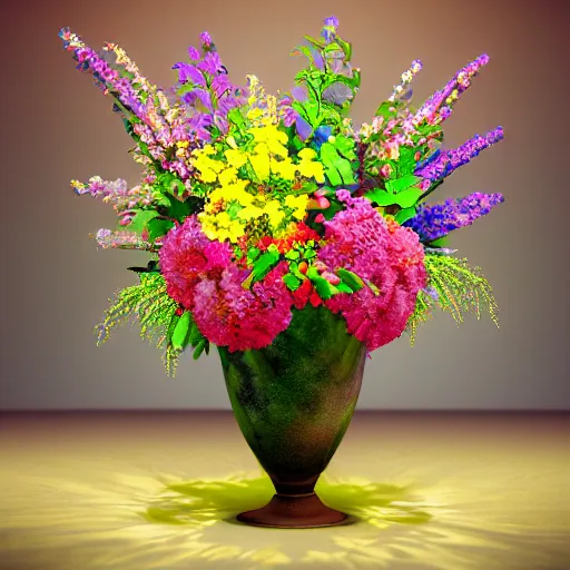 Image similar to a vase with a colorful and beautiful flower arrangement. beautiful lighting, 4 k post - processing, trending in art station, cg society, highly detailed, 5 k extremely detailed, 3 d. cinematic scene.