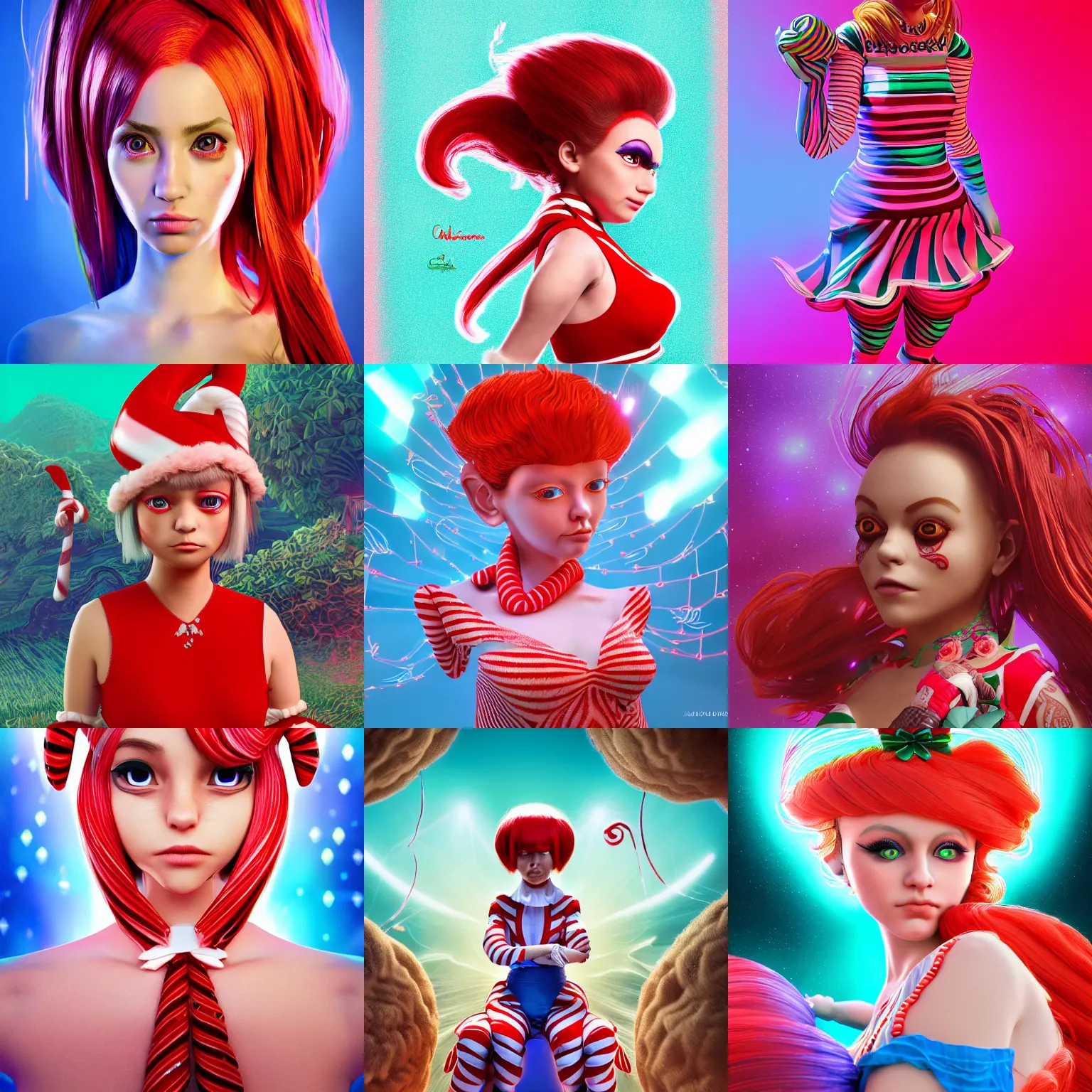 Prompt: the portrait of a cranky but incredibly beautiful and elegant oompa loompa girl named claire who caught covid and dresses like a candy cane, intricate linework, bright colors, final fantasy, behance contest winner, vanitas, angular, altermodern, unreal engine 5 highly rendered, global illumination, radiant light, detailed and intricate environment