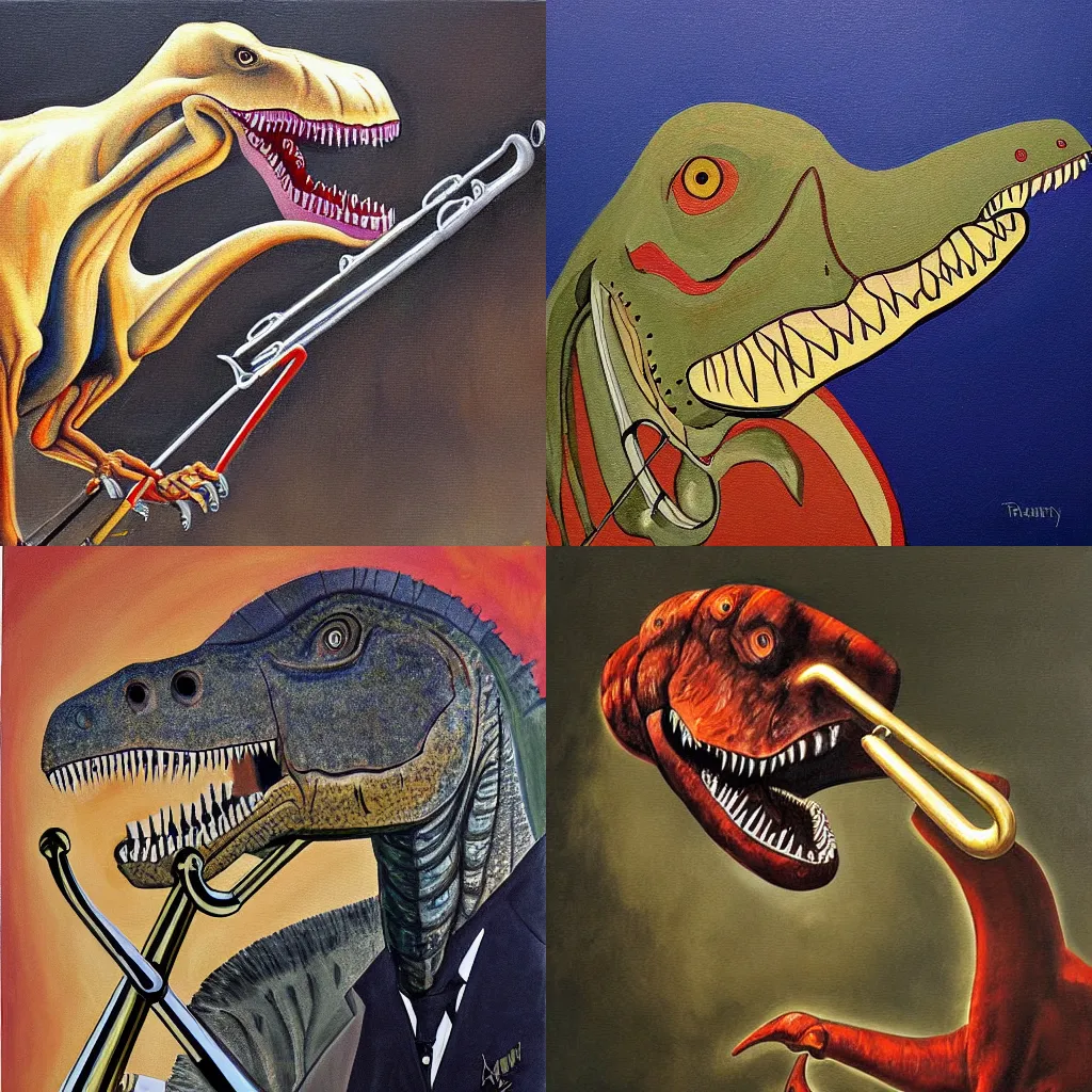 Prompt: painting of a tyrannosaurus Rex playing the trombone by Richard gurney