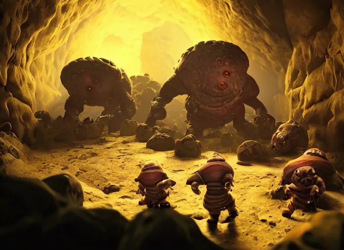 Prompt: three dwarves from the game deep rock galactic angrily kicking a coronavirus on the floor in the caves of hoxxes iv, unreal engine 4, fanmade deep rock galactic video, 4 k, hdr