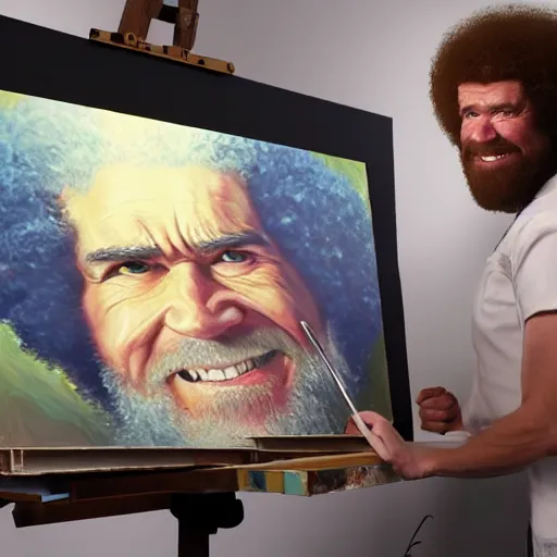 Image similar to a closeup photorealistic photograph of bob ross working on a canvas painting of captain america. happy trees, mountain scape. film still. brightly lit scene. this 4 k hd image is trending on artstation, featured on behance, well - rendered, extra crisp, features intricate detail, epic composition and the style of unreal engine.