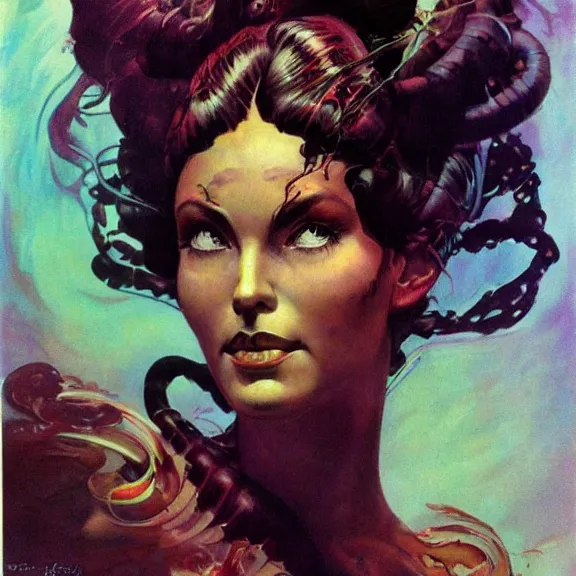 Image similar to portrait of a woman with swirling hair and fractal skin by frank frazetta, retrofuturism, psychedelic art reimagined by industrial light and magic