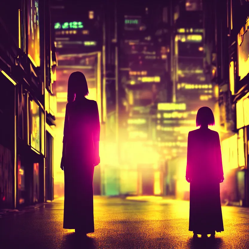 Image similar to a photo close up cyberpunk mysterious woman stands in a cyberpunk hiroshima, prefecture streets, sunset, photorealistic, cinematic lighting, highly detailed, bokeh, style by tomino - sama