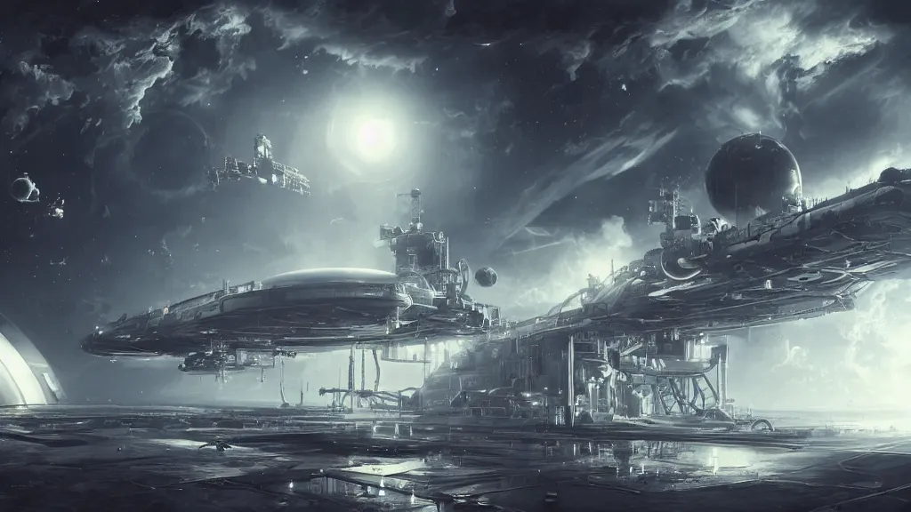 Image similar to orbital space station. andreas achenbach, artgerm, mikko lagerstedt, zack snyder