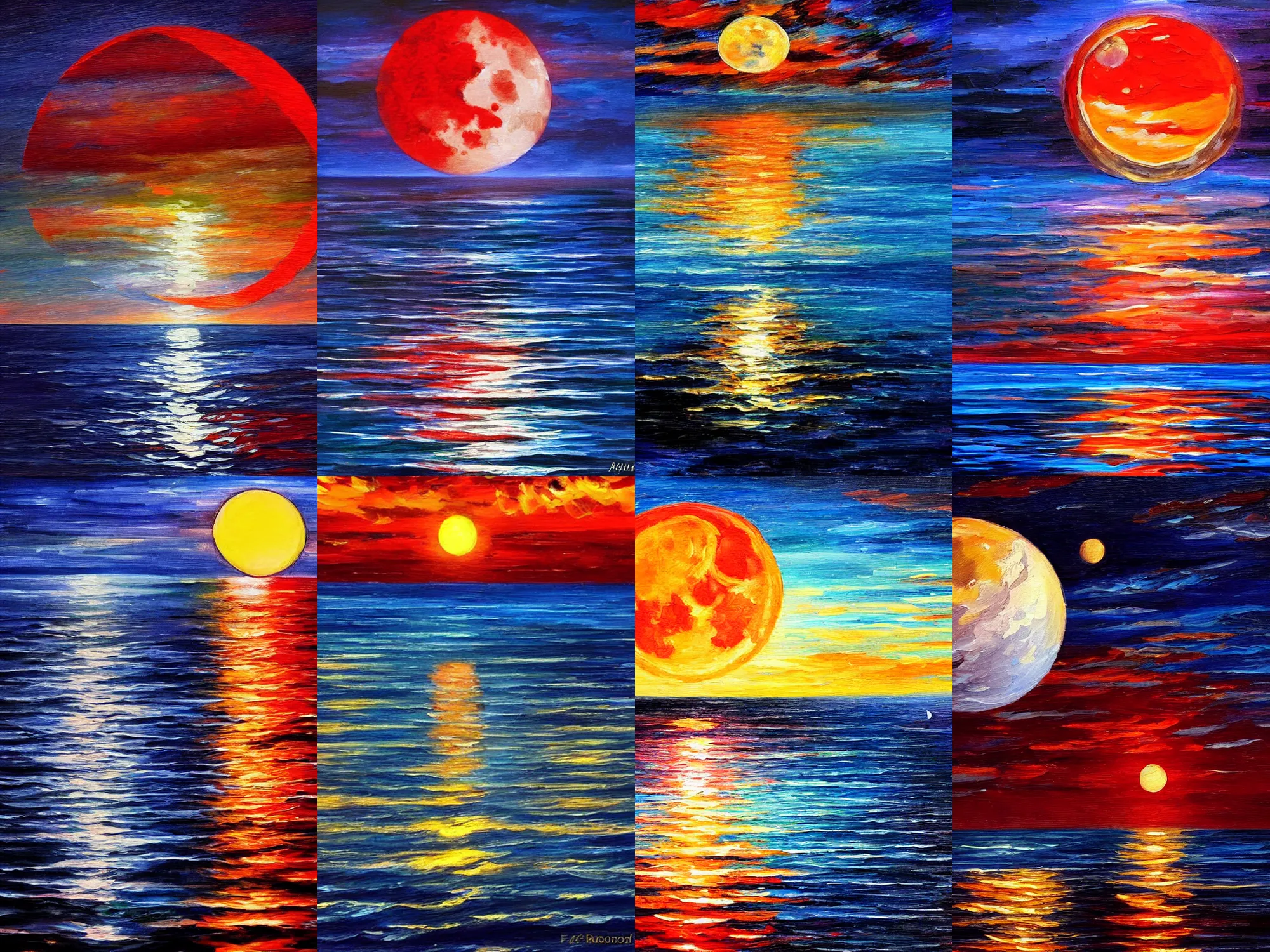 Prompt: red eyed moon reflecting in the sea, night, low angle, in the style of Afremov Leonid