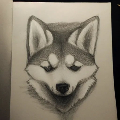 Image similar to pencil sketch of a shiba inu smoking a cigarette, sad expression