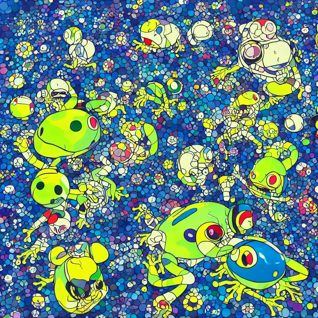 Image similar to indigo toads, frogs, ryuta ueda artwork, breakcore, jet set radio artwork, y 2 k, gloom, space, cel - shaded art style, indigo rainbow, data, minimal, takashi murakami artwork, code, cybernetic, dark, eerie, cyber