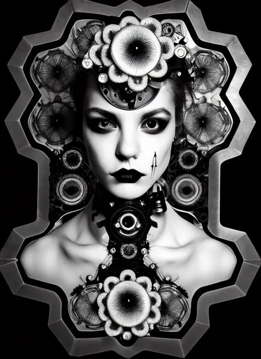 Image similar to black and white macabre masterpiece profile portrait, one steampunk eye silver hexagonal meshes floral biomechanical beautiful young female cyborg, big monocular, volumetric light, hibiscus flowers, by hg giger, rim light, big gothic fashion pearl embroidered collar, 8 k