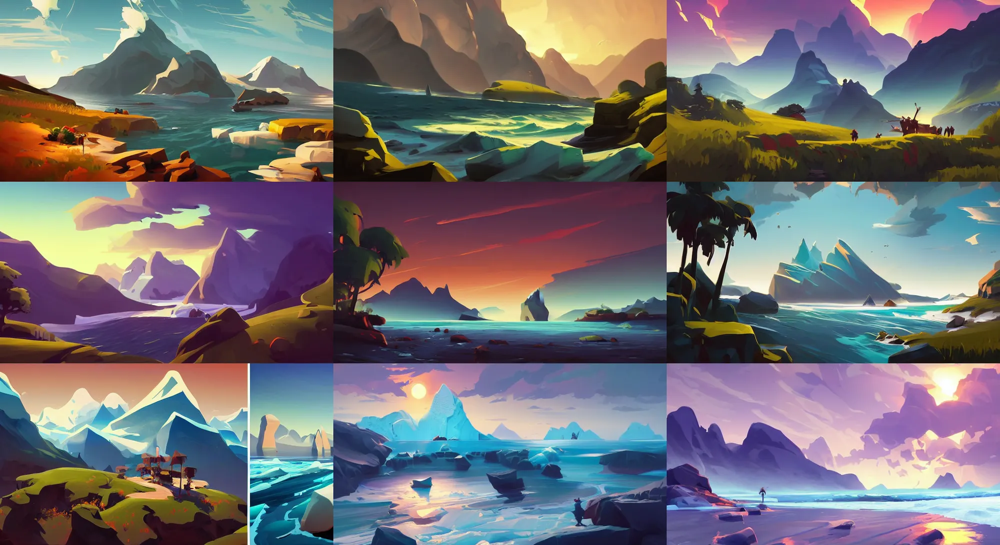 Prompt: landscape painting by sargent painting treasure on sea of thieves game smooth median photoshop filter cutout vector, mountains and icebergs glacier by jesper ejsing, by rhads, makoto shinkai and lois van baarle, ilya kuvshinov, rossdraws global illumination adove low clouds sky image overcast