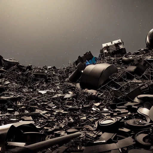 Image similar to view from afar of a maelstrom of scrap metal in black, starless space, astrophysical photo, octane render