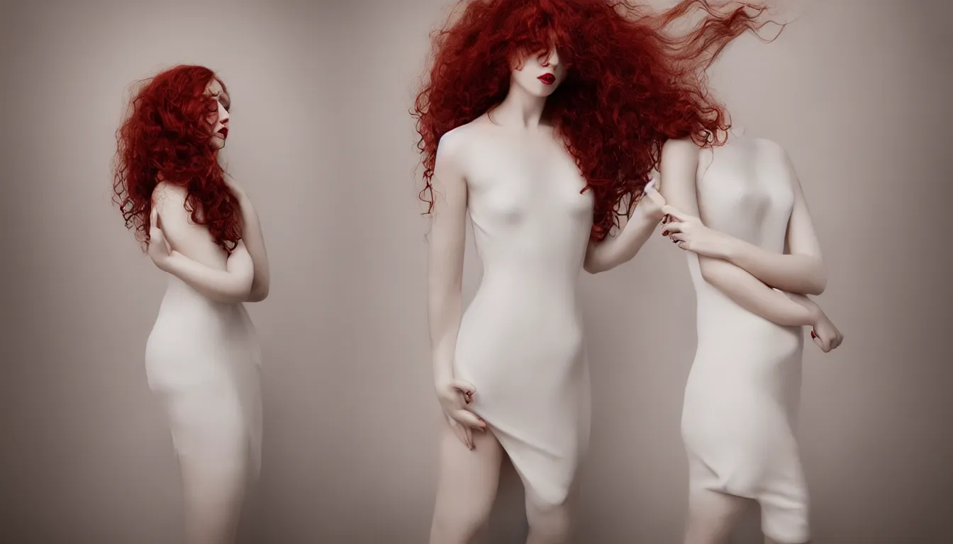 Prompt: a portrait photography of a beautiful woman with red long curly hair and full body dress in white by Flora Borsi, soft natural lighting, pastel colors scheme, fine art photography, 50 mm sigma art