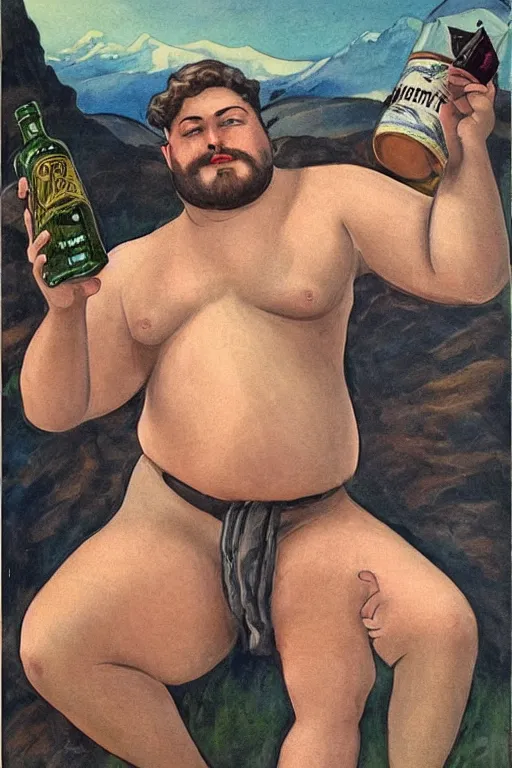 Prompt: a dramatic, epic, ethereal art deco painting of a !!!handsome!!! thicc chunky beefy mischievous shirtless with a big beer belly wearing a large belt and bandana offering a whiskey bottle | he is a cowboy short beard relaxing by a campfire | background is a late night with food and jugs of whisky | homoerotic, rugged | stars, tarot card, art deco, art nouveau, mosaic, intricate | by Mark Maggiori (((and Alphonse Mucha))) | trending on artstation