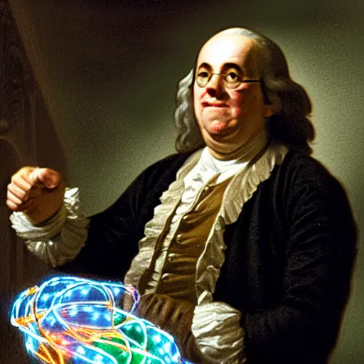 Prompt: benjamin franklin angrily throwing a string of led lights in the trash