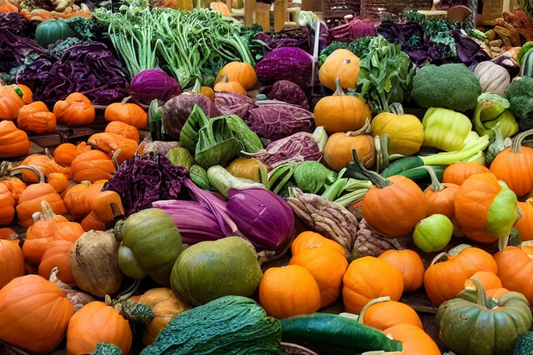 Prompt: magazine quality photo shoot of beautifully displayed fall vegetables, displayed in a farmers' market