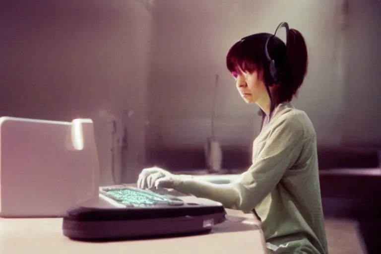 Image similar to alien catgirl using a computer to check her email submerged in translucent goo, over the shoulder perspective, in 1 9 8 5, y 2 k cybercore, industrial low - light photography, still from a kiyoshi kurosawa movie