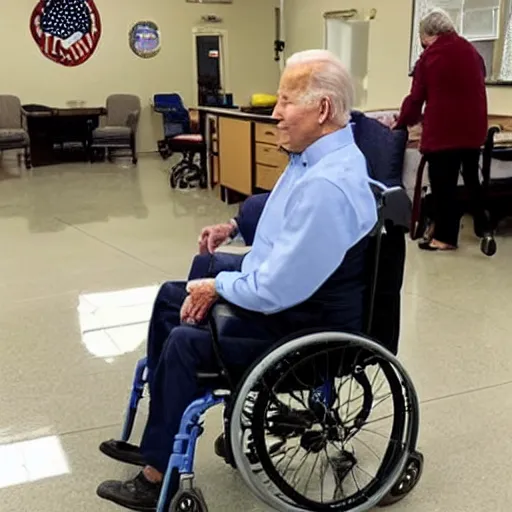 Image similar to photo of Joe Biden in a wheelchair at the senior center