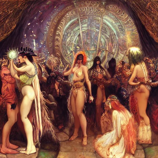 Image similar to witch controling underground edm party people, painting by gaston bussiere, craig mullins, j. c. leyendecker, lights, art by ernst haeckel, john william godward, hammershøi,