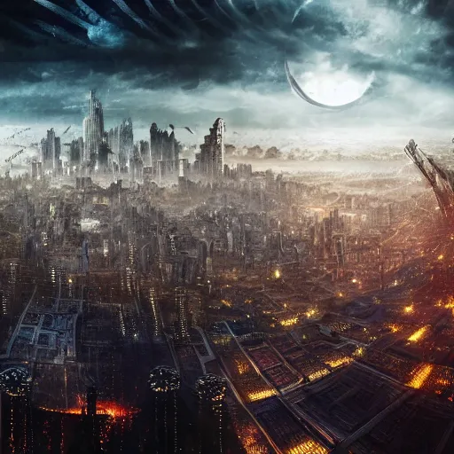 Image similar to megacity, hive city, futuristic dystopian endless, intricate, complex, labyrinthine, byzantine, tangled, matte painting, night, gloomy, dark, dramatic, cinematic, volumetric lighting, gods eye view