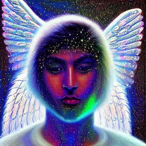 Image similar to highdetailed hyperrealistic painting of white holographic angel in the hood lightning hands with silver sparkles!!!, giant silver ball on the chest!!!!!, 4 k hd fur face!!!, big wings, by jan van eyck, holography space, white sparkles everywhere, thin strokes, white monochrome color!!!!!, hyperrealism textures, realistic