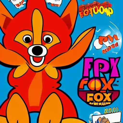 Image similar to 90s cartoon movie poster, featuring anthropomorphic fox looking at a pile of fried chicken, promotional advertising poster media
