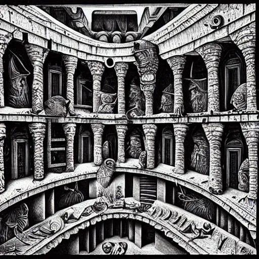 Image similar to mehmet paterns, hr giger, mc escher style djinns