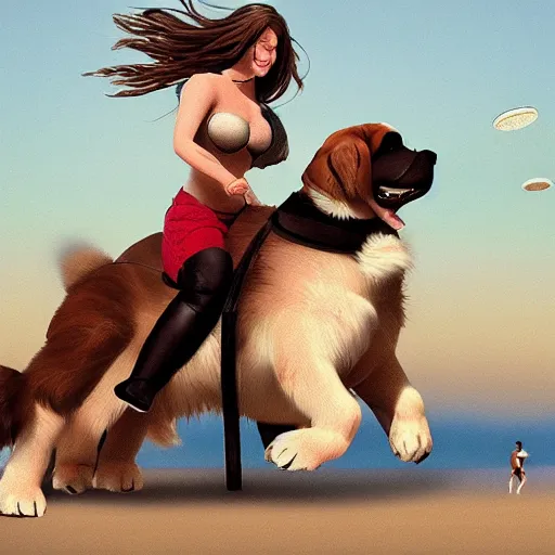 Image similar to girl riding a giant saint Bernard at the beach catching a frisbee, trending on artstation