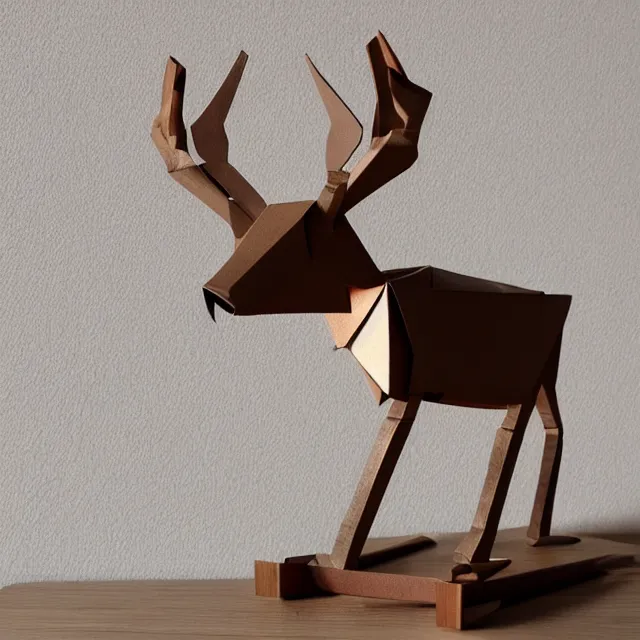 Prompt: a photograph of a deer origami and a robot origami on top of a wooden table