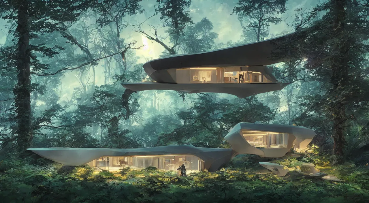 Image similar to a futuristic house sitting in the middle of the forest, unreal engine, fantasy art by greg, loish, rhads, ferdinand knab, makoto shinkai and lois van baarle, ilya kuvshinov, rossdraws, tom bagshaw, night lighting, trending on studio ghibli, volumetric lighting, octane render, 8 k, keyshot