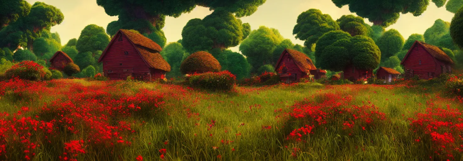 Image similar to crimson - black beehive, in a beautiful forest meadow village landscape, flowers, happy trees, photorealistic, octane render, rtx, hdr, unreal engine, digital art widescreen 8 k, studio ghibli, bob ross, pixar, bee movie, disney