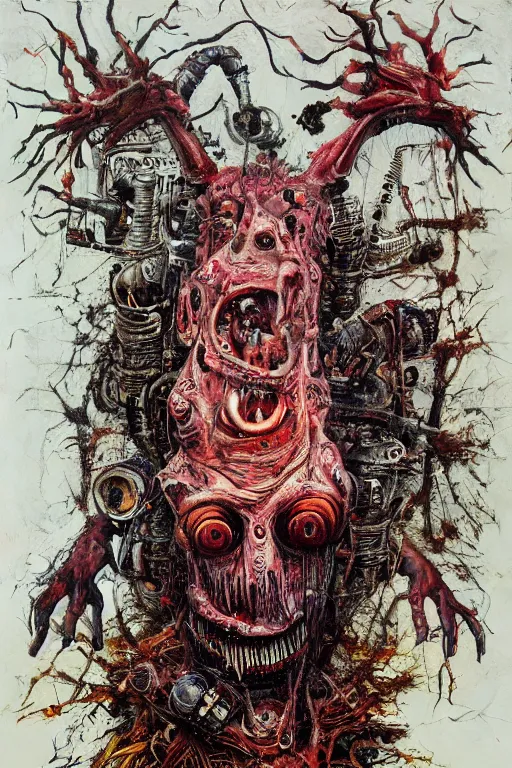 Image similar to Moloch full body shot, hyper-realistic oil painting, Body horror, biopunk, by Ralph Steadman, Francis Bacon, Hunter S Thompson