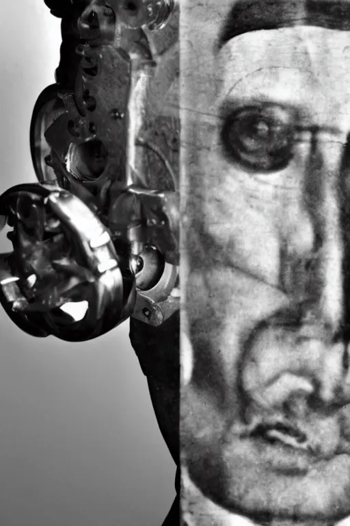 Image similar to a close-up portrait of Marcel Duchamp machine in the style of Hito Steyerl and Shinya Tsukamoto and Irving Penn and Robert Frank